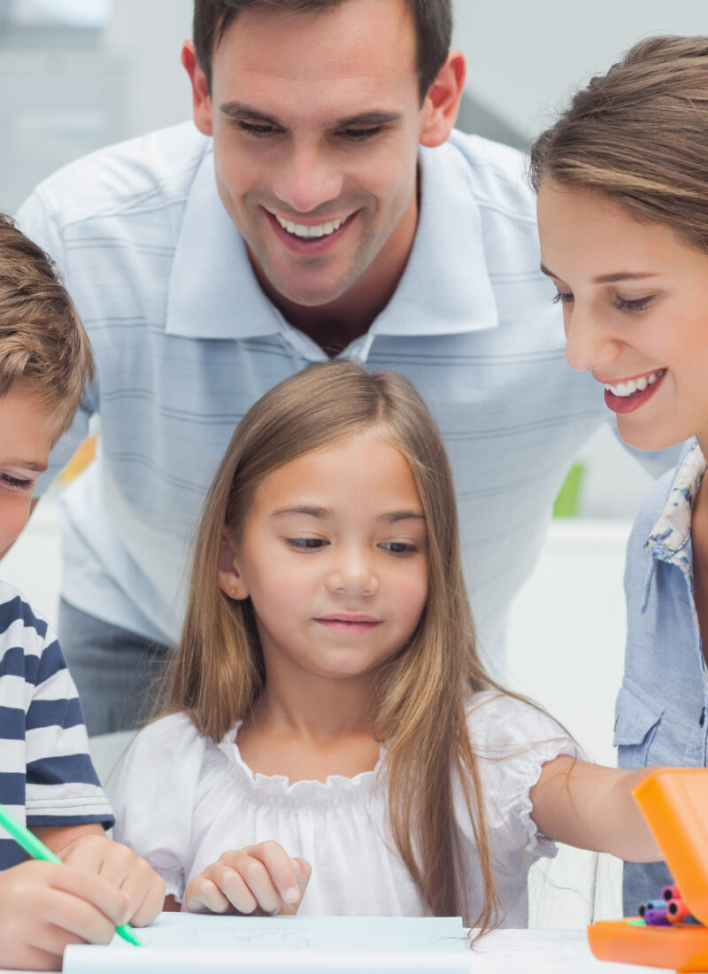 Family working together on a project.